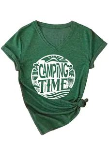 Detailed close-up of a women's V-neck T-shirt in heather green with camping time print