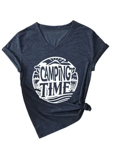 Detail of navy blue V-neck T-shirt with a white Camping Time circular graphic print