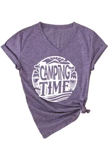 Detail of purple V-neck t-shirt featuring a white 'CAMPING TIME' graphic print.