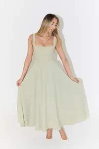 Elegant pale green square neck sleeveless midi dress with flared skirt and fitted bodice