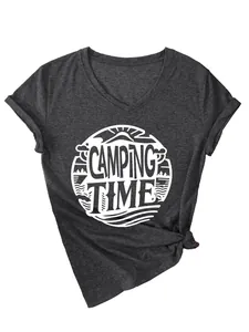 Close-up of women's charcoal grey V-neck T-shirt with Camping Time graphic print.