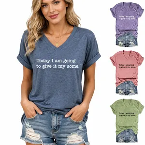 Damen Casual V-Ausschnitt Kurzarm T-Shirt Baumwollmischung Buchstaben Slogan Bedruckt Lockere Passform Pullover Top Sommer Mode Kleidung