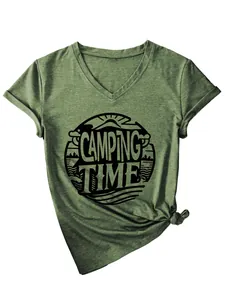 Detail shot of a green V-neck T-shirt with Camping Time mountain graphic print