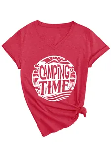 Red V-neck T-shirt for women with white Camping Time graphic and knotted hem detail