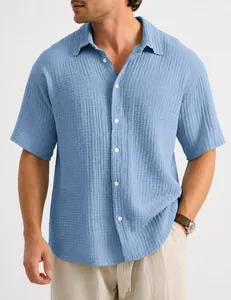 Men's loose casual light blue short sleeve shirt with breathable crinkle fabric texture