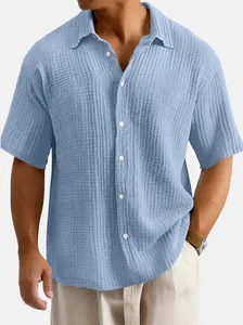 Men's loose casual light blue short sleeve shirt with breathable crinkle fabric texture