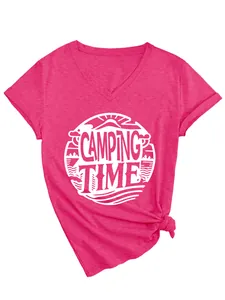 Close-up of pink V-neck t-shirt with white Camping Time mountain print and knot detail
