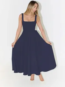 Elegant navy blue square neck midi dress with wide straps and a flared skirt design