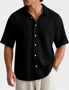Men's summer loose casual short sleeve shirt in black color with unique textured fabric