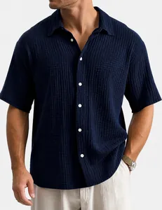 Casual men's short sleeve shirt in dark navy blue featuring unique seersucker texture