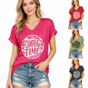 Women's Casual Cotton Blend V-Neck Short Sleeve T-Shirt Camping Time Nature Printed Loose Top For Outdoor Daily Fashion