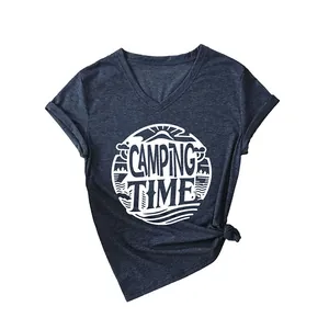 Stylish women's navy V-neck short sleeve T-shirt with white Camping Time graphic