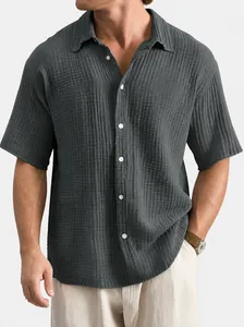 Men's casual loose fit summer short sleeve shirt in textured charcoal grey gauze fabric