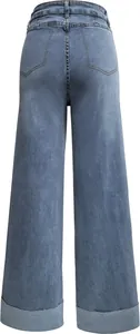 Vue arrière d'un jean bleu à taille haute et jambes larges avec poches et ourlets revers.
