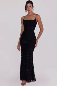 Elegante abito da sera nero con paillettes, spalline sottili e corpetto a corsetto da donna