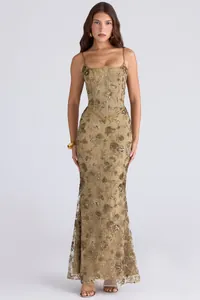 Elegante abito da sera verde oliva con paillettes, corpetto a corsetto e spalline