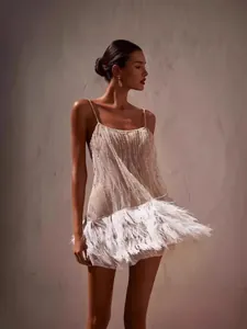Damen Sexy Rückenfreies Pailletten Mini Kleid Mit Federquasten Europäischer Stil Ärmellos Cami Party Abendkleid Für Damen