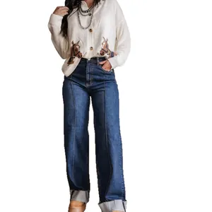 Jean bleu élégant taille haute à jambe large avec ourlets retroussés et couture centrale