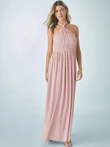 Elegant light pink pleated halter neck maxi dress with twisted neckline design for women