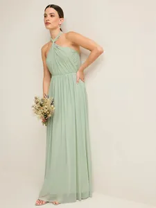 Detailed view of an elegant sage green halter neck pleated maxi dress for evening occasions