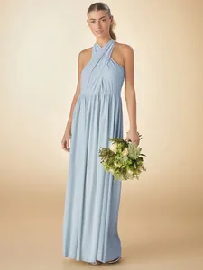 Full view of elegant light blue multi-way pleated maxi dress with cross halter neck