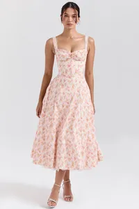 Elegant pink floral midi dress with corset bodice and delicate lace straps for summer.