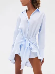 Women Slim Fit Polyester Shirt Dress With Tie Waist And Ruffle Hem Elegant Commuter Long Sleeve Lapel Mini Dress For Office Casual