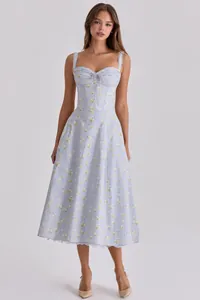 Detail view of a light blue floral corset midi dress with an elegant A-line silhouette