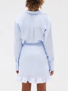 Fashionable light blue slim-fit shirt dress with long sleeves and ruffled hem back view