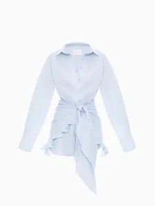 Elegant light blue long-sleeve shirt dress featuring a waist tie and stylish ruffle hem