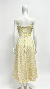 Back view of a yellow floral strap maxi dress on a mannequin with ruffle detail