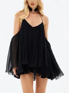 Elegant black halter neck off-shoulder pleated chiffon mini dress for women's fashion