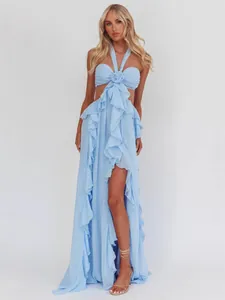 Vestito Maxi da Donna Sexy con Scollo all'Americana in Poliestere Senza Maniche con Volant Irregolare con Fiori 3D Cut Out per Vacanze Mare