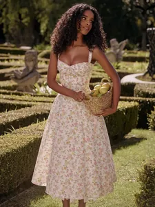 Romantic floral printed midi dress with corset-style waist and flared skirt for summer.