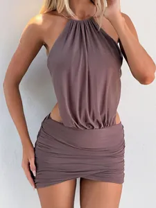 Elegant taupe halter neck sleeveless backless ruched mini dress for women stylish fit