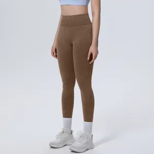 High-waisted brown seamless washed yoga leggings for women fitness and running