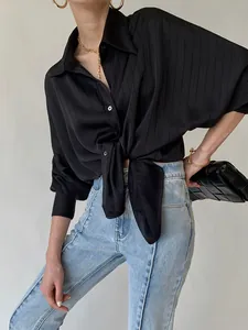 Chemise en Satin à Rayures Haut de Gamme pour Femmes Chemisier Élégant à Manches Longues Top de Bureau Décontracté