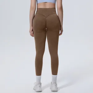 Rear view of brown high-waisted seamless washed yoga pants highlighting the butt-lifting fit