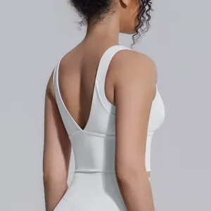Dettaglio posteriore del reggiseno sportivo bianco ad alto impatto con scollo a V