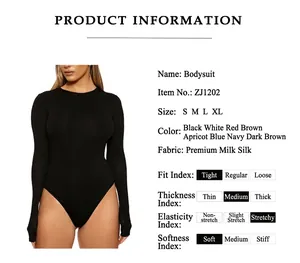 Detailed view of black long-sleeve bodysuit with product material and fit specifications.