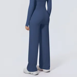 Rückansicht der dunkelblauen High-Waist-Yoga-Hose mit weitem Bein aus elastischem Stoff.