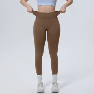Professional high-waisted seamless washed yoga pants with stretchable waistband detail