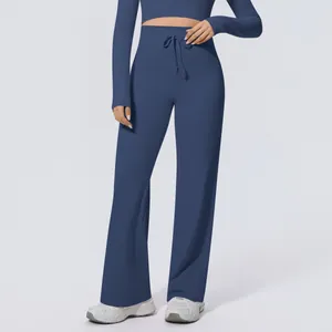 Dunkelblaue Yogahose mit hoher Taille und weitem Bein sowie praktischem Kordelzug