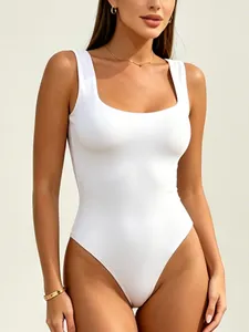 Detailed front view of a slim fit white sleeveless square neck bodysuit for women