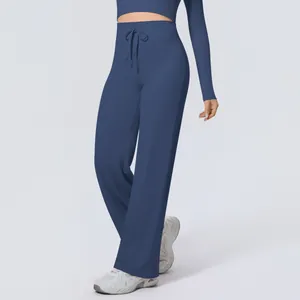 Dunkelblaue Yoga-Hose mit weitem Bein und Kordelzug am hohen Bund detail