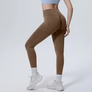Close-up of seamless high-waist yoga leggings showing butt-lifting effect and washed texture