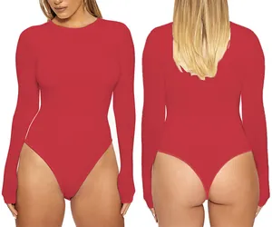Detailed front and back view of a vibrant red long-sleeved tight bodysuit for women.