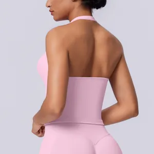 Close-up back view of a pink halter neck backless sports tank top with seamless fabric