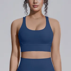 Vista dettagliata di un reggiseno sportivo blu scuro con ampia fascia elastica per lo yoga