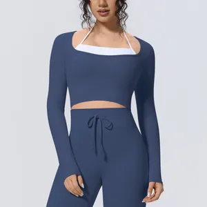 Σετ σκούρο μπλε μακρυμάνικο crop top και κολάν για γιόγκα και αθλητισμό γυναικών